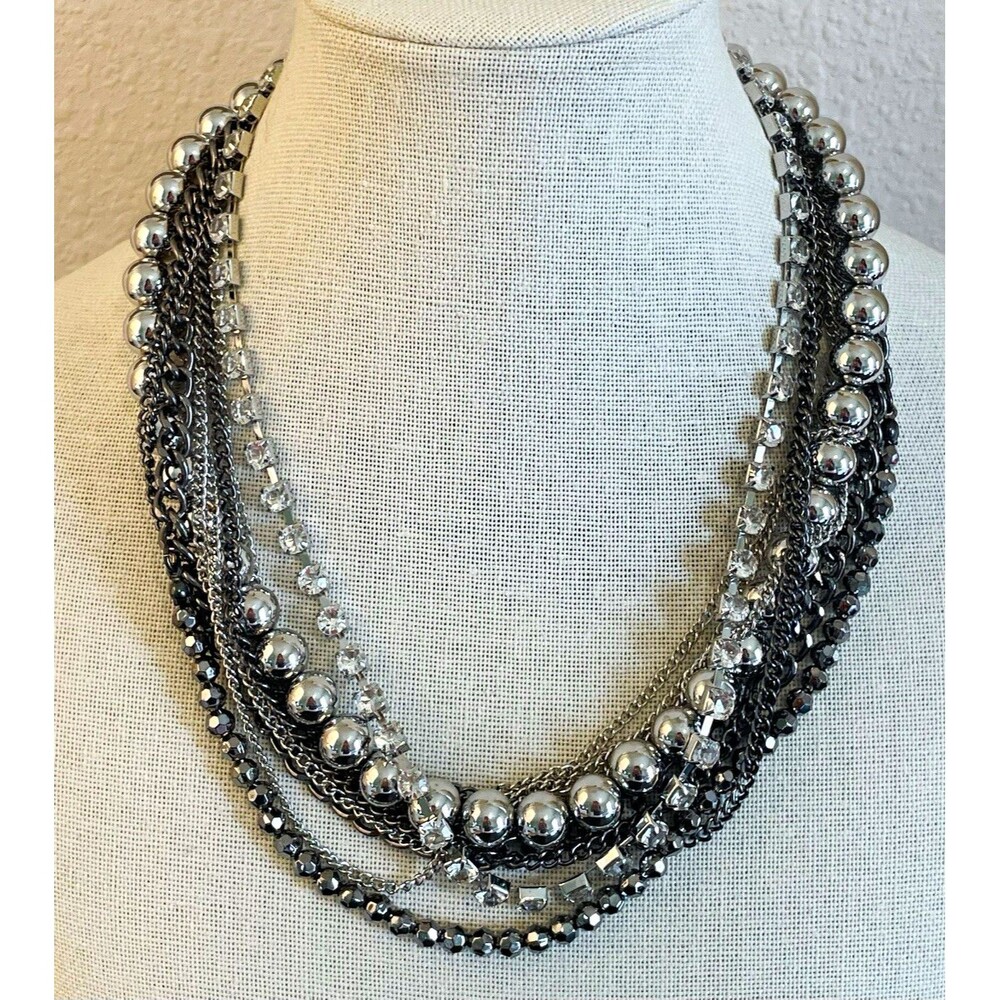 Cookie Lee Y2K Multi-strand Silver Tone Rhinestone Layered Chains Necklace